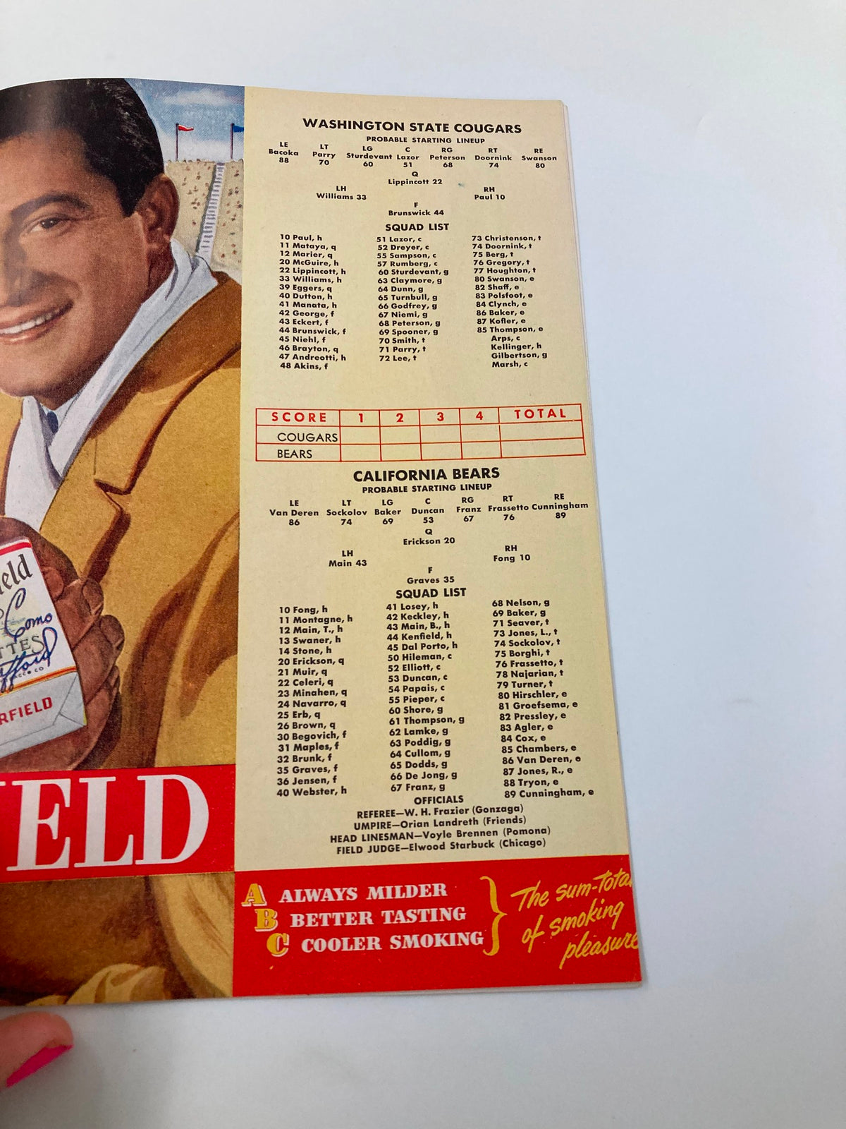 Roster and scorecard page from the October 18, 1947 Football Washington State v California Gridiron Official Program featuring game details and team lineups.