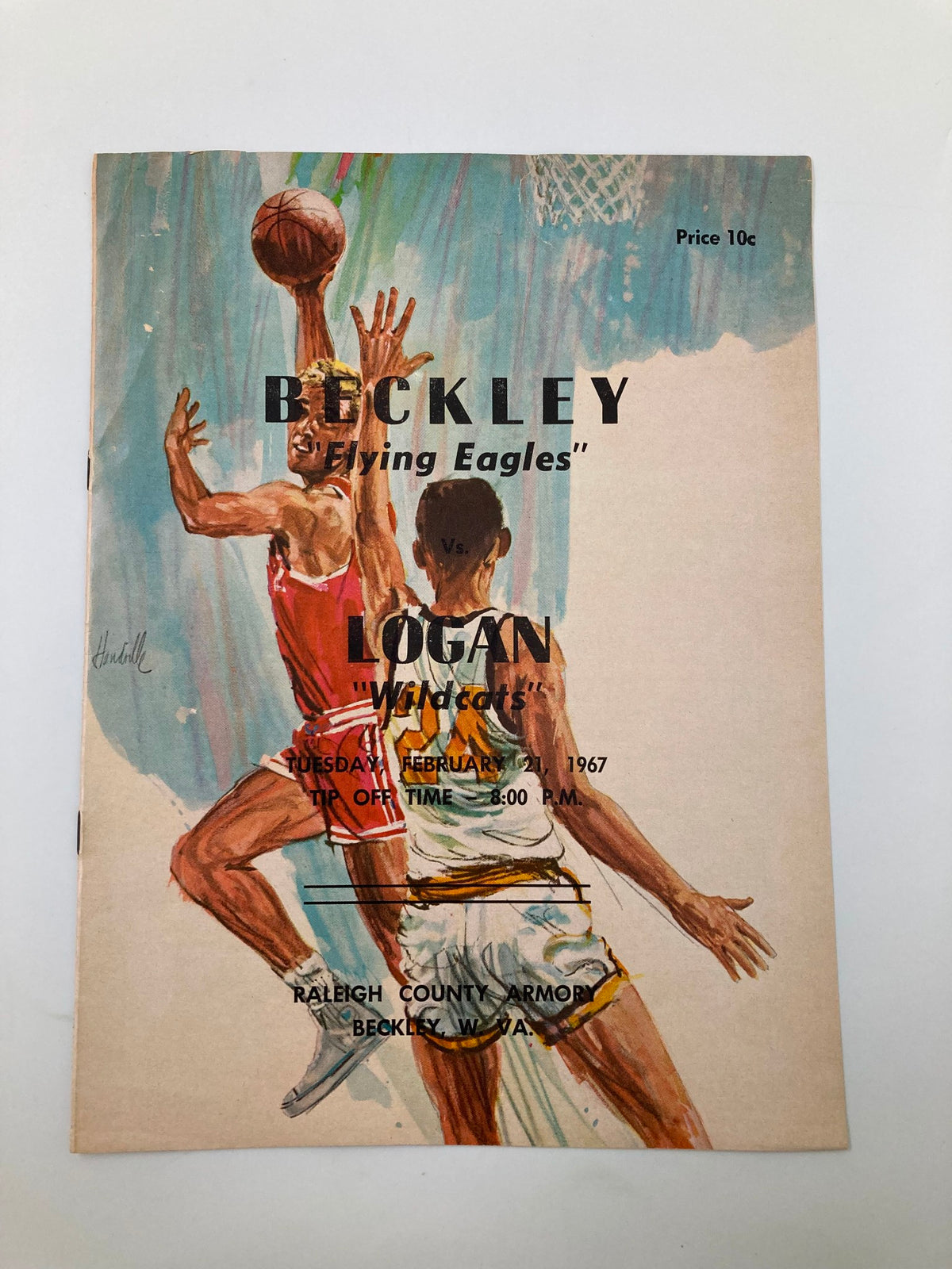 Cover of the February 21, 1967 Beckley Flying Eagles vs Logan Wildcats Basketball Program featuring an illustration of a basketball player in action.