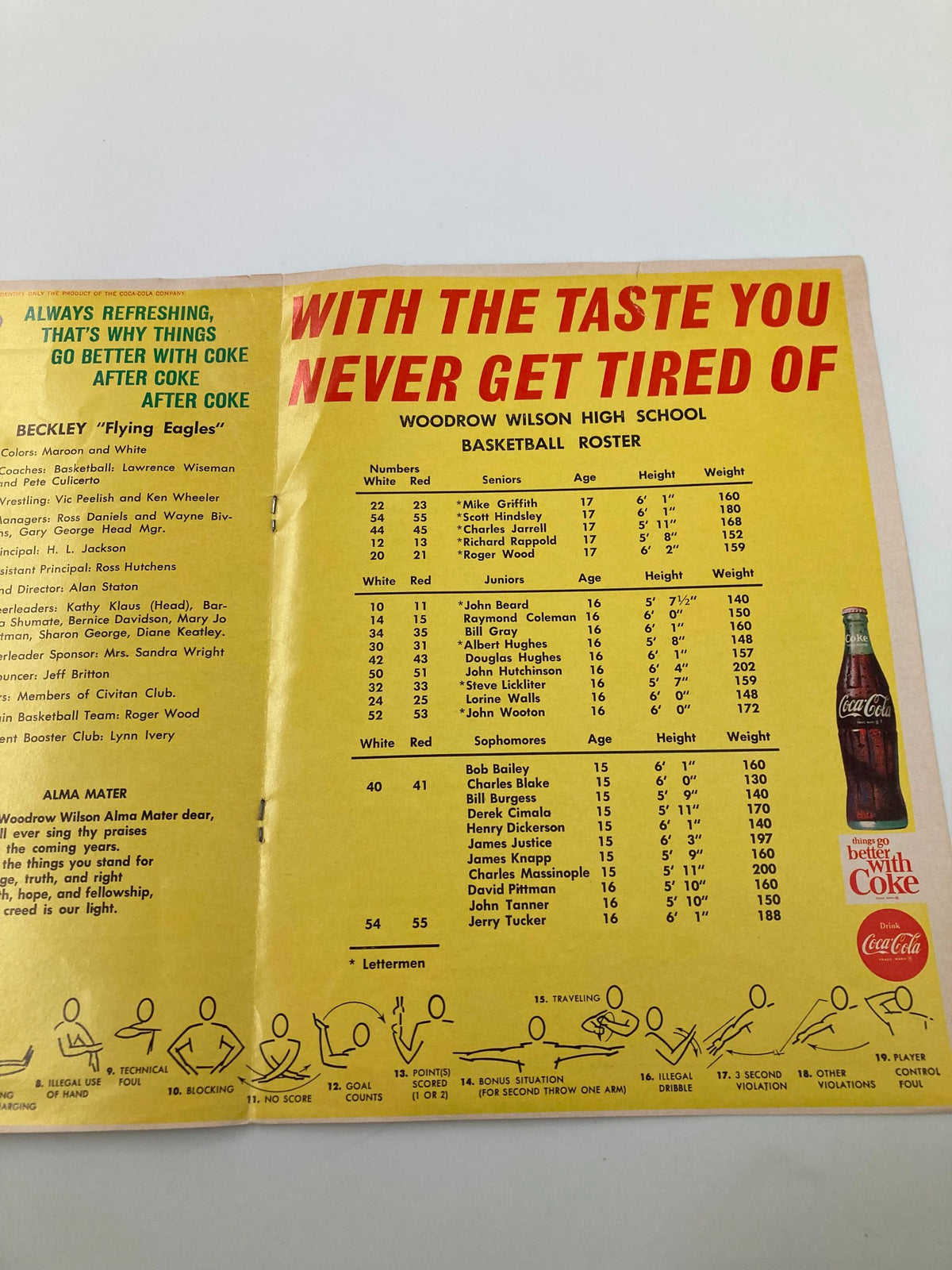 Inside page of the February 21, 1967 Beckley Flying Eagles vs Logan Wildcats Basketball Program displaying the Woodrow Wilson High School basketball roster.