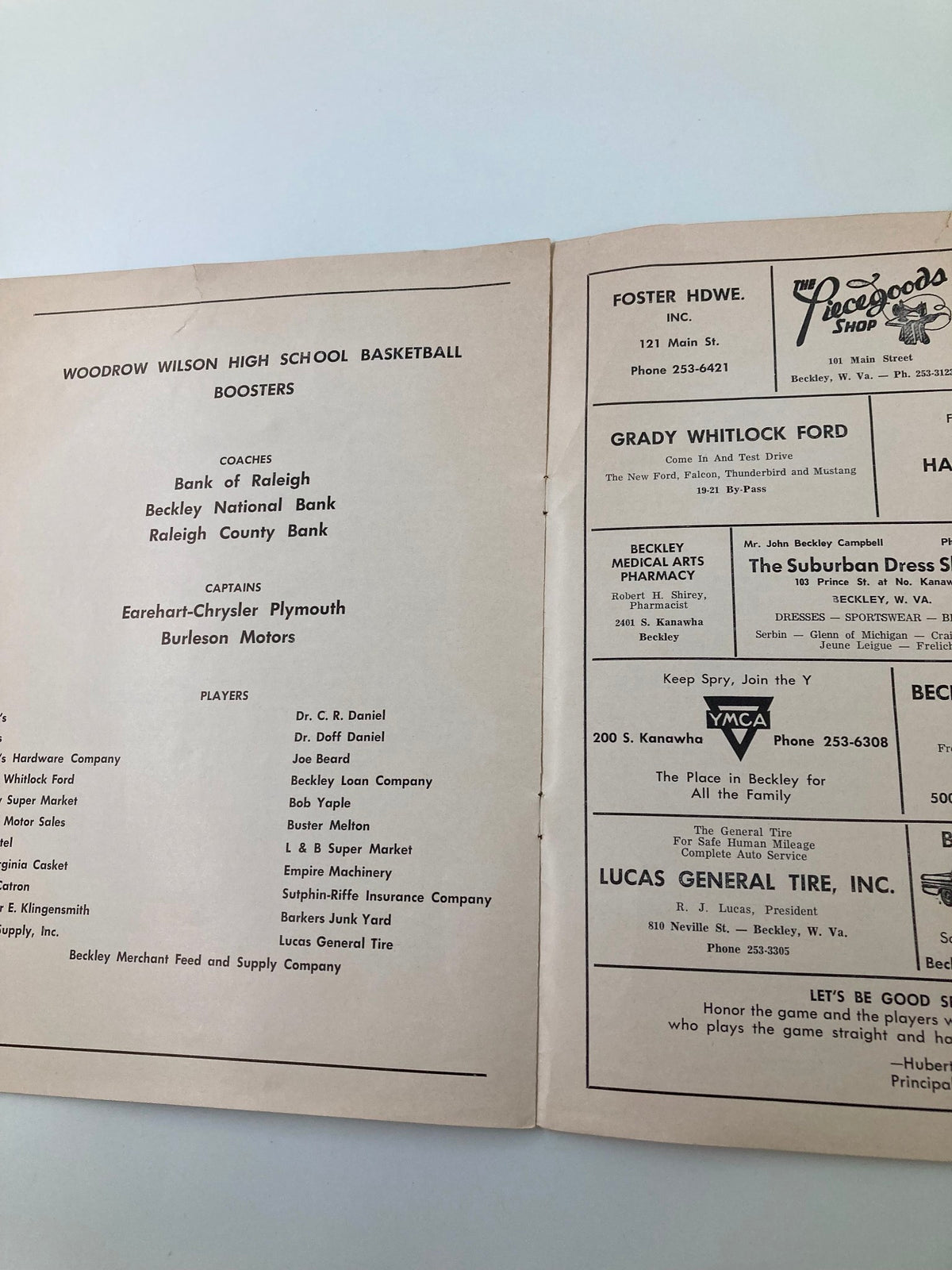 Continuation of the inside page from the February 21, 1967 Beckley Flying Eagles vs Logan Wildcats Basketball Program listing coaches and sponsors.