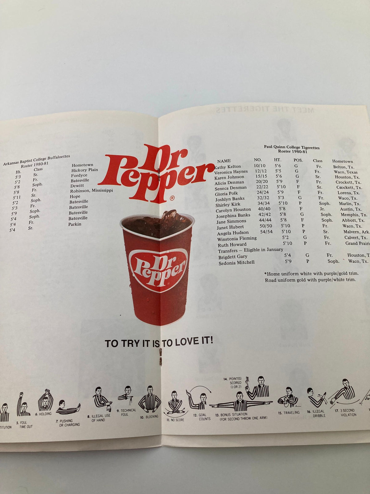 Roster page from the 1980-1981 College Tigerette Basketball Official Program, showcasing player names and statistics with a Dr. Pepper advertisement.
