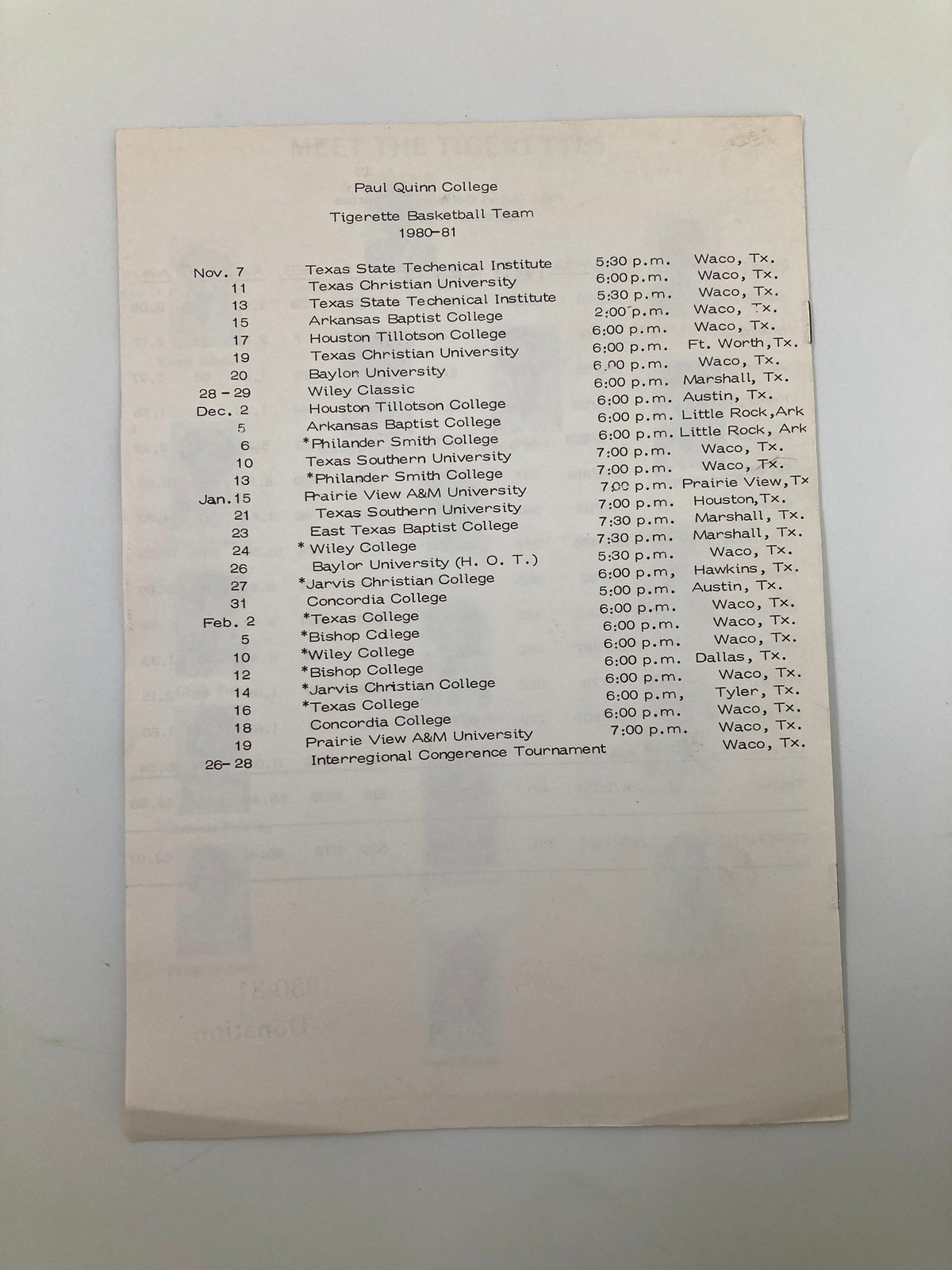 Schedule page from the 1980-1981 College Tigerette Basketball Official Program listing the basketball team's game dates and locations.