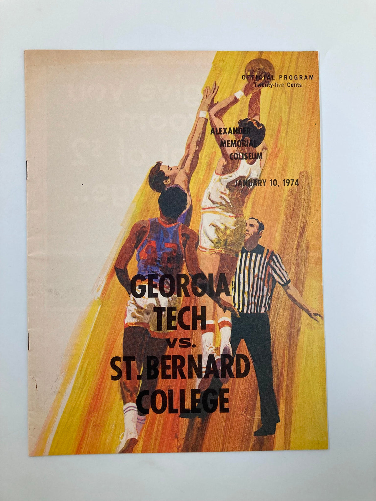 Official program cover for the January 10, 1974 Georgia Tech vs St. Bernard College basketball game, featuring a dynamic illustration of players and a referee at Alexander Memorial Coliseum.