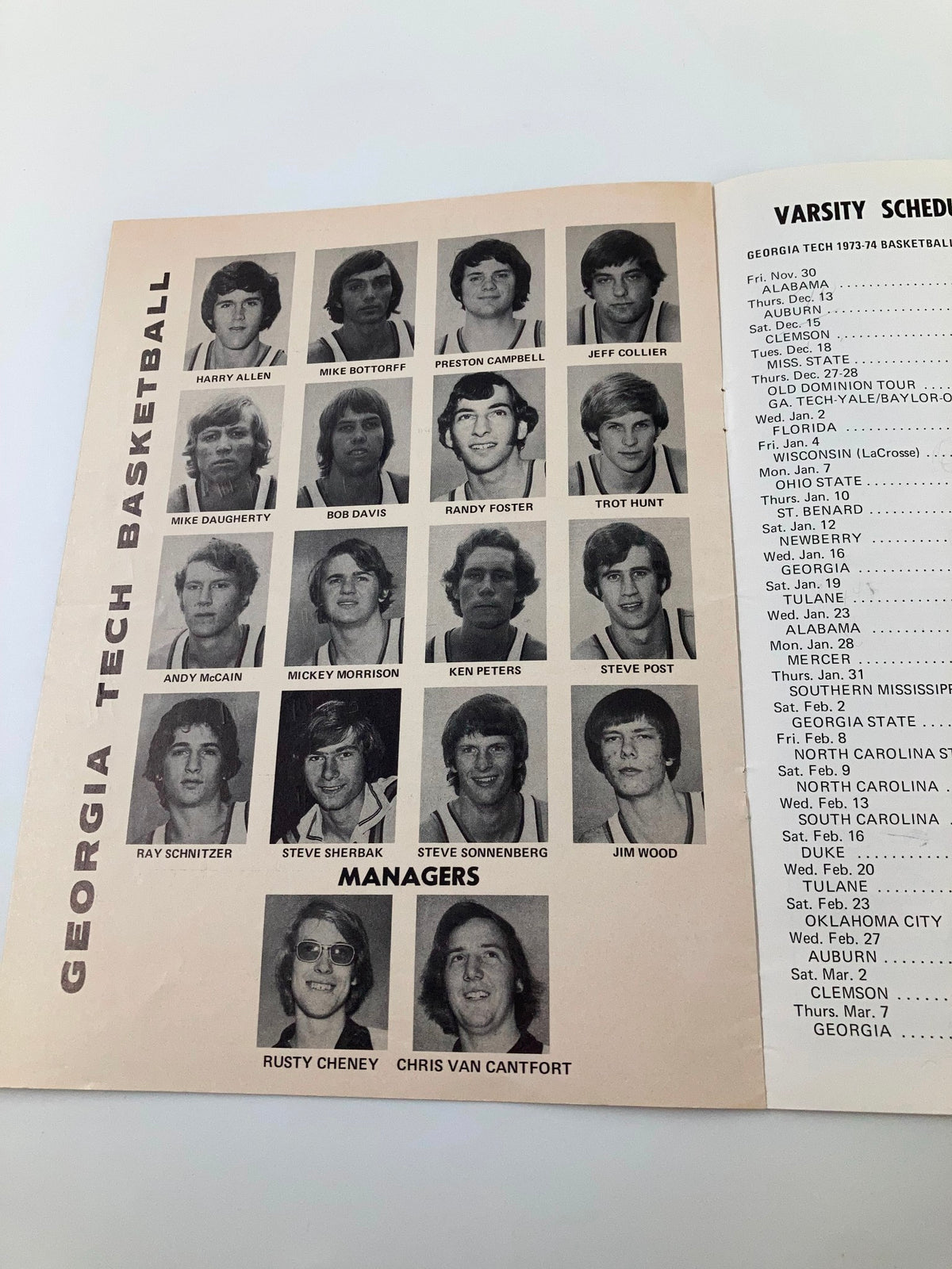 Team roster and schedule page from the January 10, 1974 Georgia Tech vs St. Bernard College Basketball program highlighting players and managers.