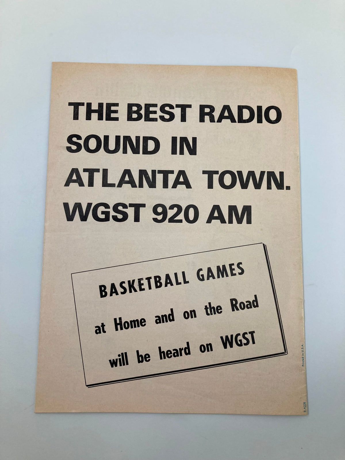 Vintage advertisement for WGST 920 AM promoting basketball games, featuring the title 'January 10 1974 Georgia Tech vs St. Bernard College Basketball Official Program'.
