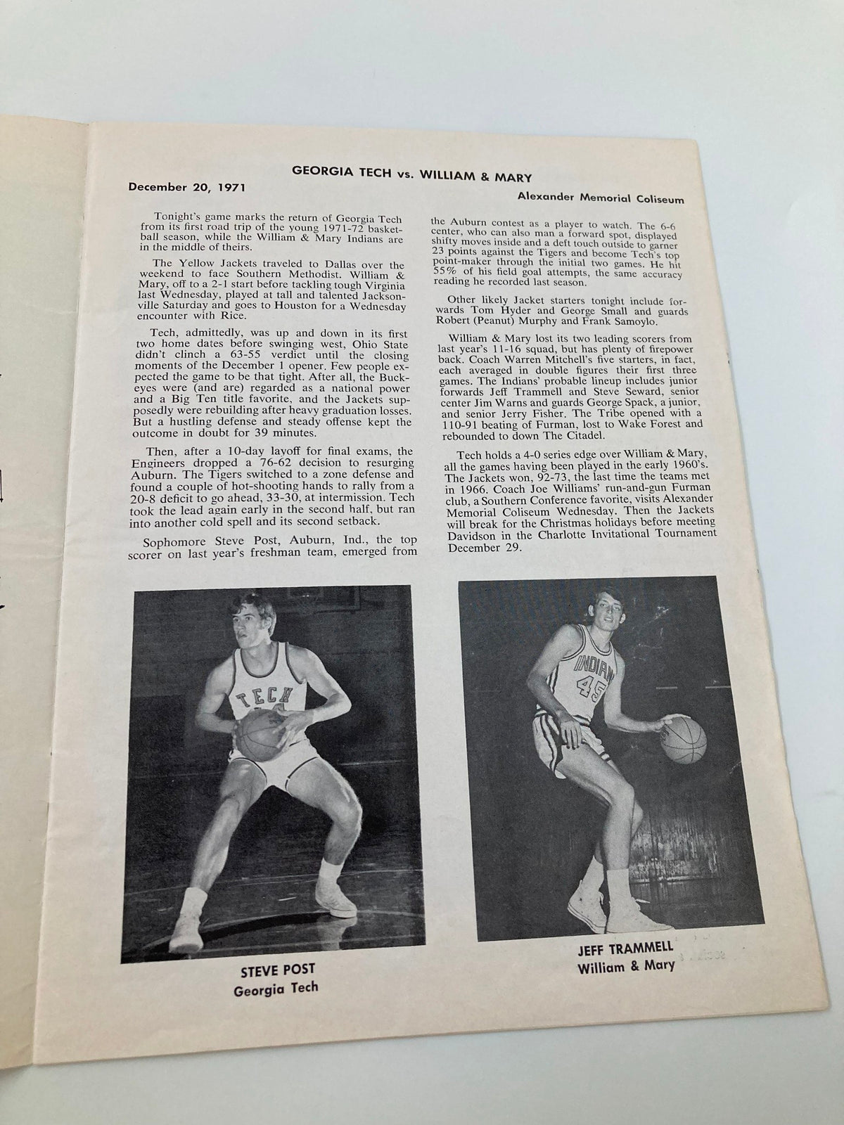 Inside page of the December 20 1971 Georgia Tech vs William and Mary Basketball Official Program with player statistics and profiles for Georgia Tech.