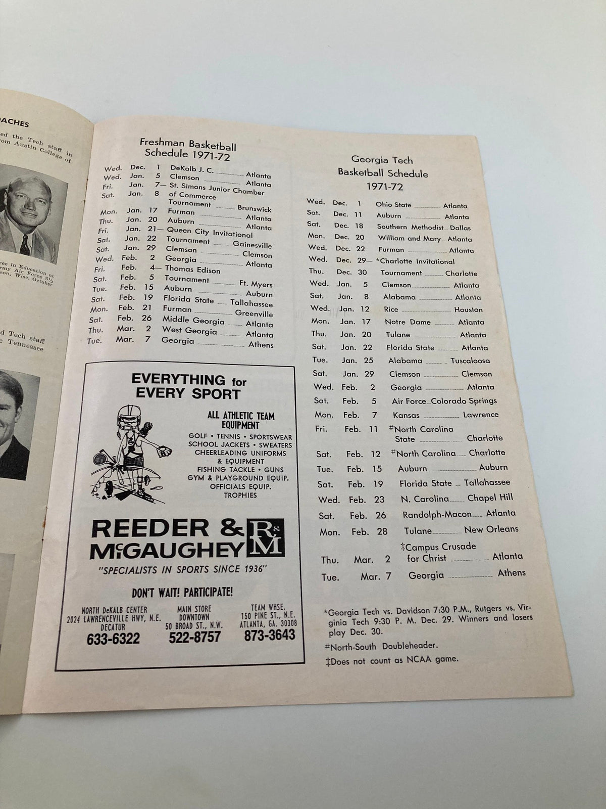 Schedule page from the December 20 1971 Georgia Tech vs William and Mary Basketball Official Program detailing the basketball schedule for Georgia Tech.