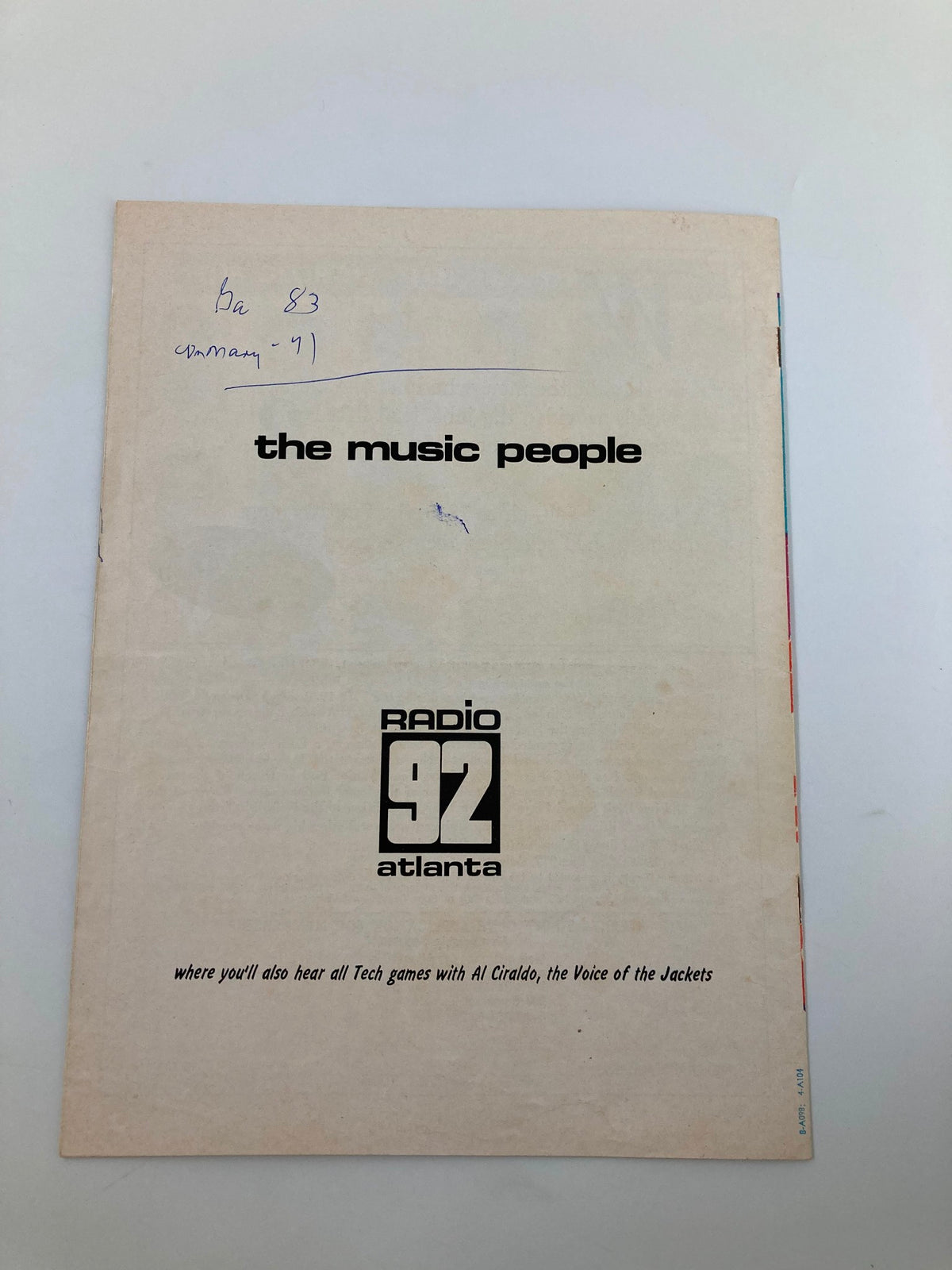 Cover of the official program for the December 20 1971 Georgia Tech vs William and Mary basketball game, featuring vintage design and the title 'the music people' and branding for Radio 92 Atlanta.