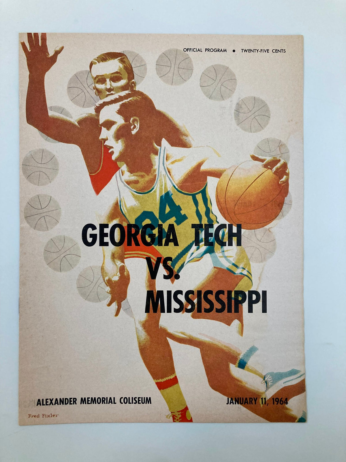 Cover of the January 11 1964 Georgia Tech vs Mississippi Basketball Official Program featuring a player dribbling a basketball.
