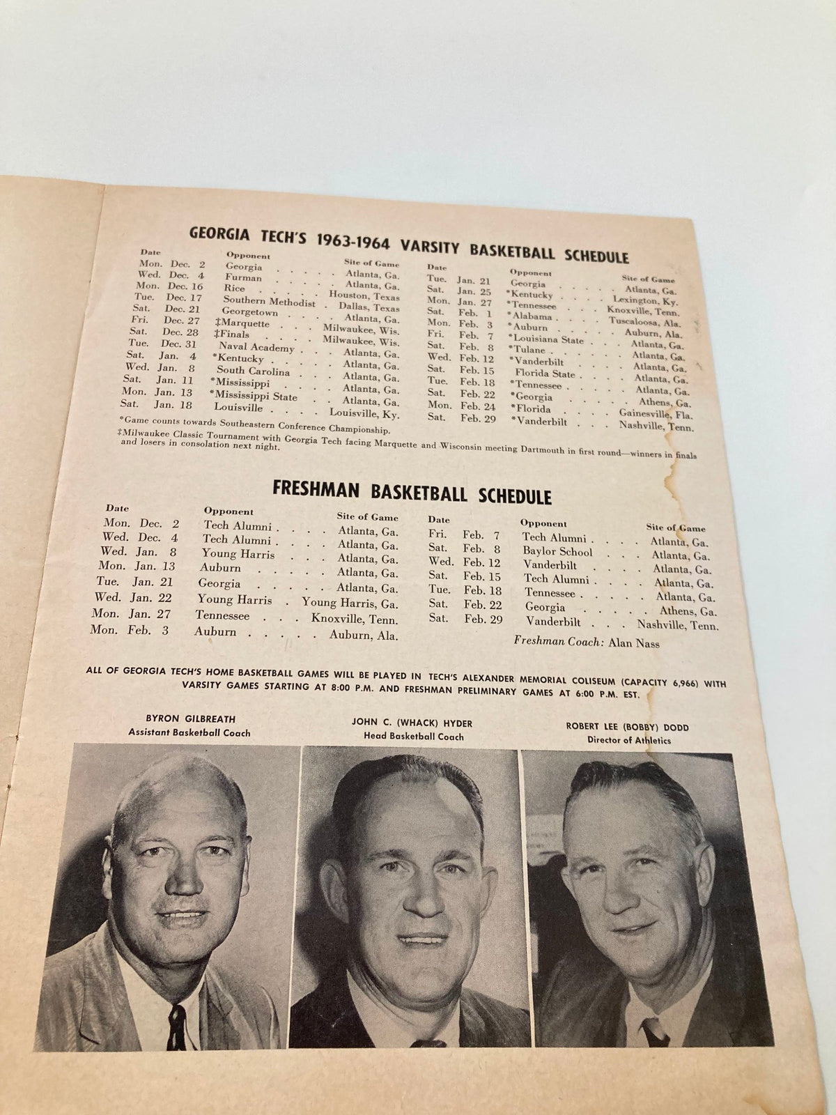 Inside page of the January 11 1964 Georgia Tech vs Mississippi Basketball Official Program displaying the varsity basketball schedule.