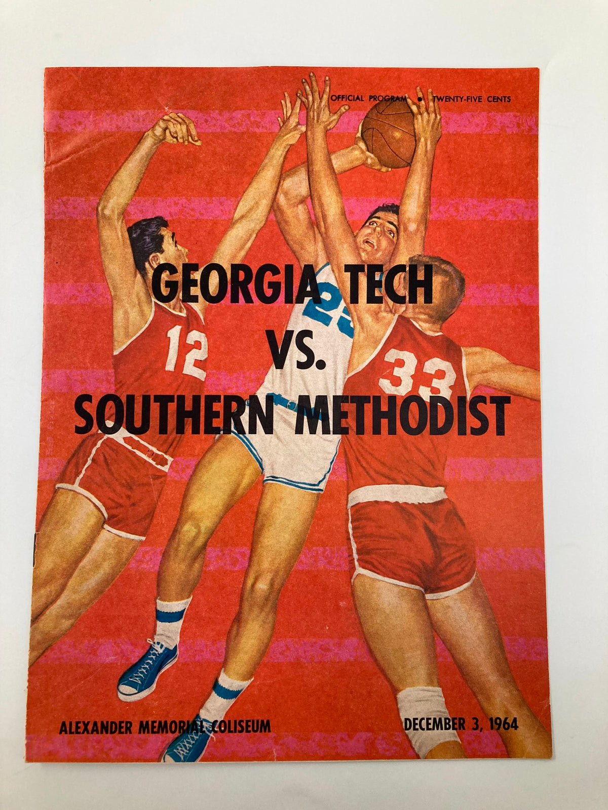 Official program for the December 3, 1964 Georgia Tech vs Southern Methodist basketball game, featuring colorful artwork of players in action, showcasing its vintage sports memorabilia appeal.