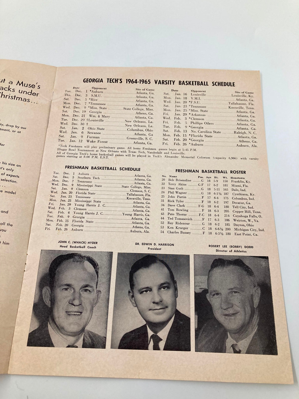 Basketball program page displaying Georgia Tech's 1964-1965 varsity basketball schedule and roster, part of the official program for the December 3, 1964 Georgia Tech vs Southern Methodist Basketball game.