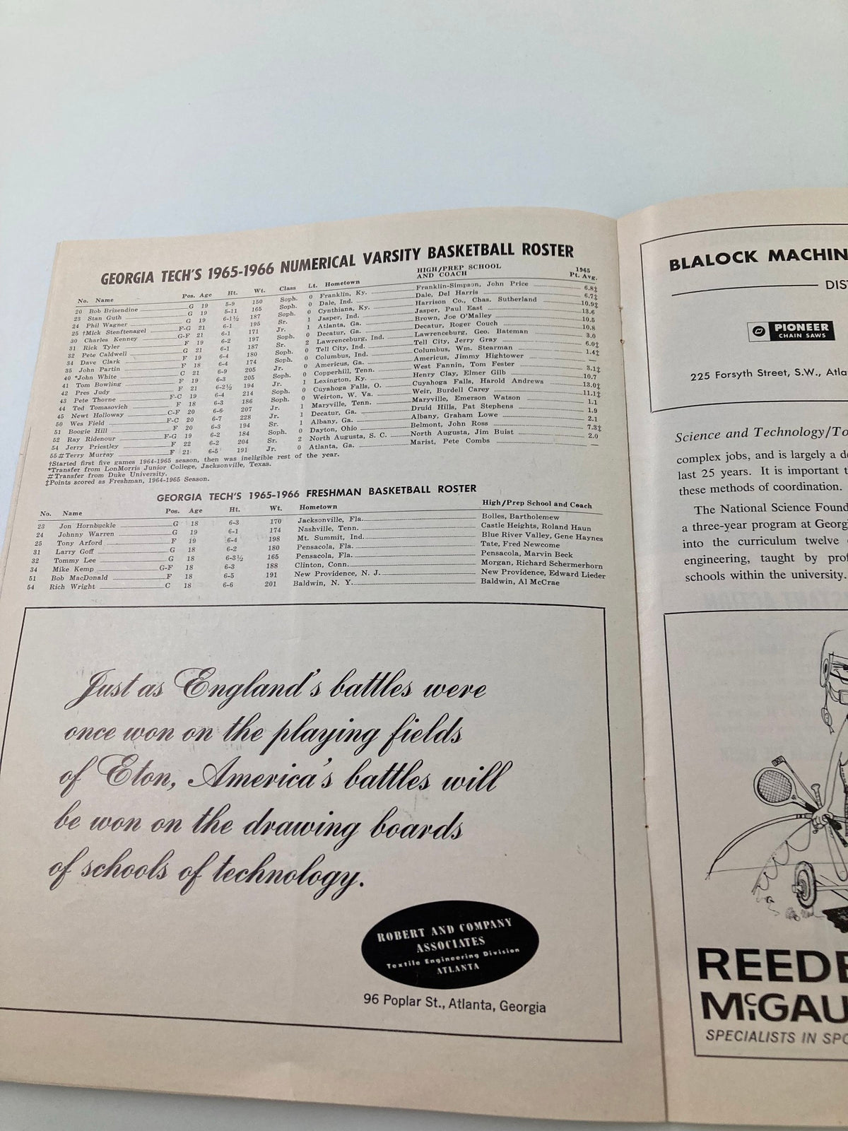Roster page from the December 22 1965 Georgia Tech vs William & Mary Basketball Official Program detailing the 1965-1966 varsity and freshman basketball rosters.