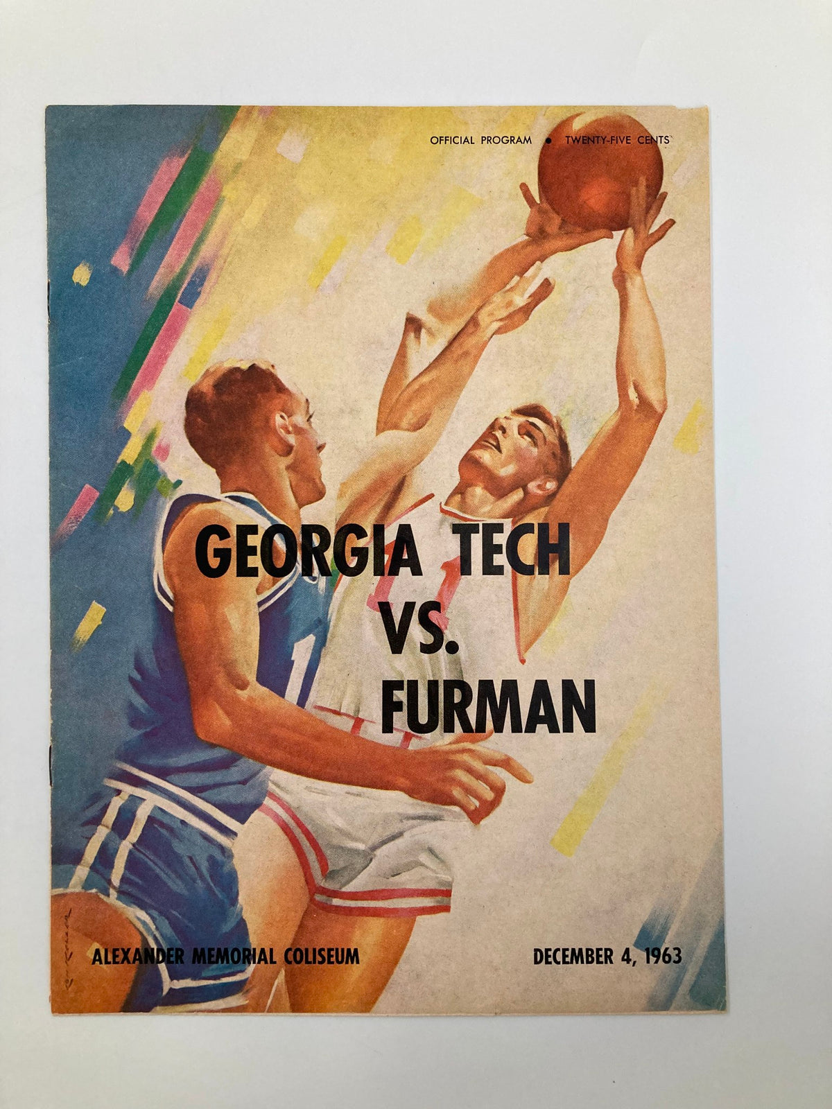 Cover of the December 4, 1963 Georgia Tech vs Furman Basketball Official Program showcasing an artistic illustration of basketball players in action, commemorating the historic game.