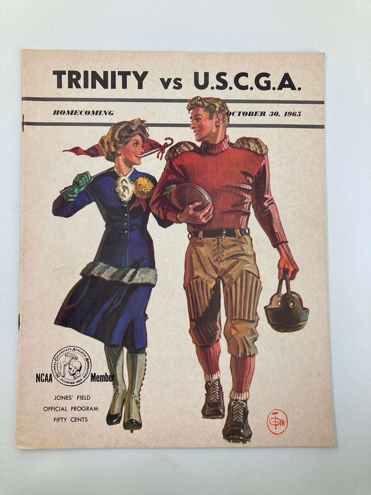 Official program cover from the October 30, 1965 NCAA Football game, featuring Trinity vs U.S.C.G.A. Homecoming, showcasing a vintage illustration of a couple in retro football attire.