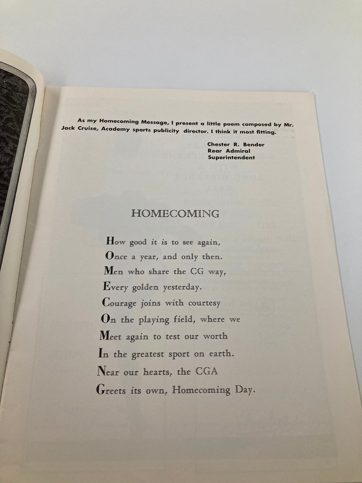 Homecoming message in the October 30, 1965 NCAA Football program, including a poem and a note from Chester R. Render, Academy sports publicity director.