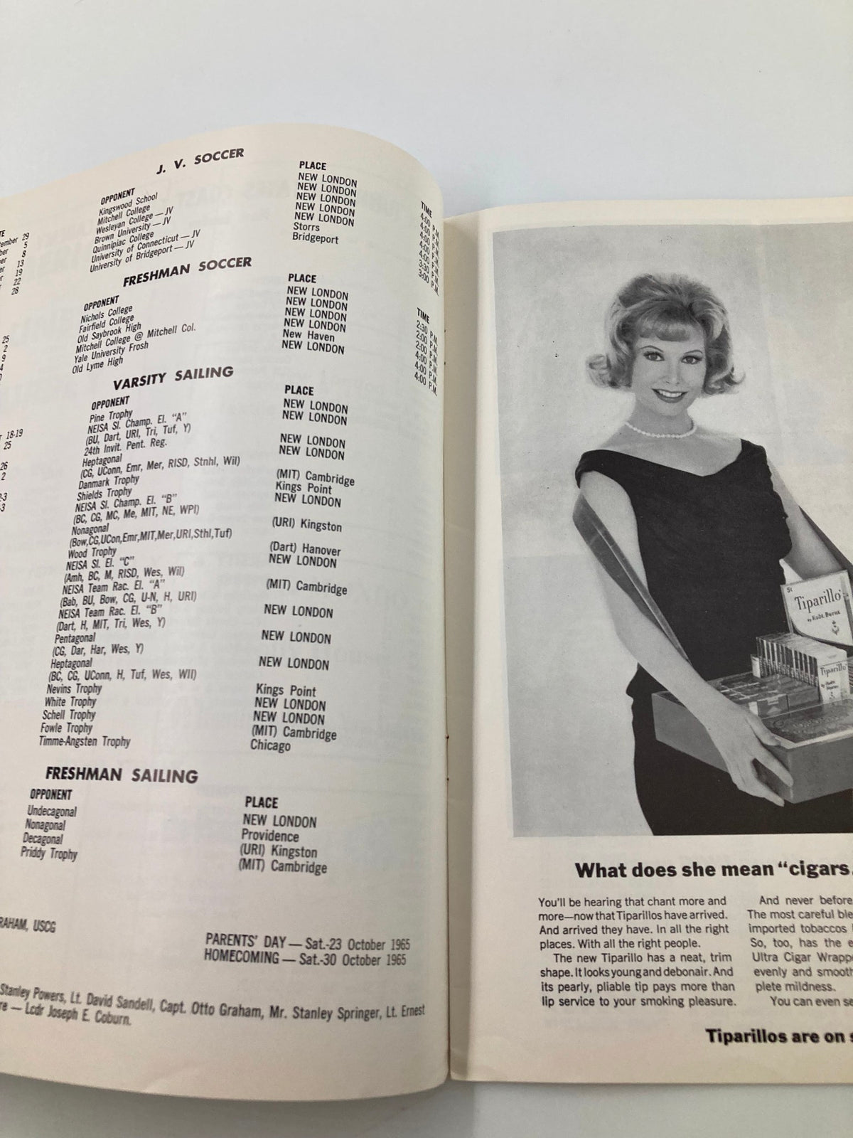 Content page of the October 30, 1965 NCAA Football program listing J.V. Soccer and other collegiate sports events with images of a contestant.
