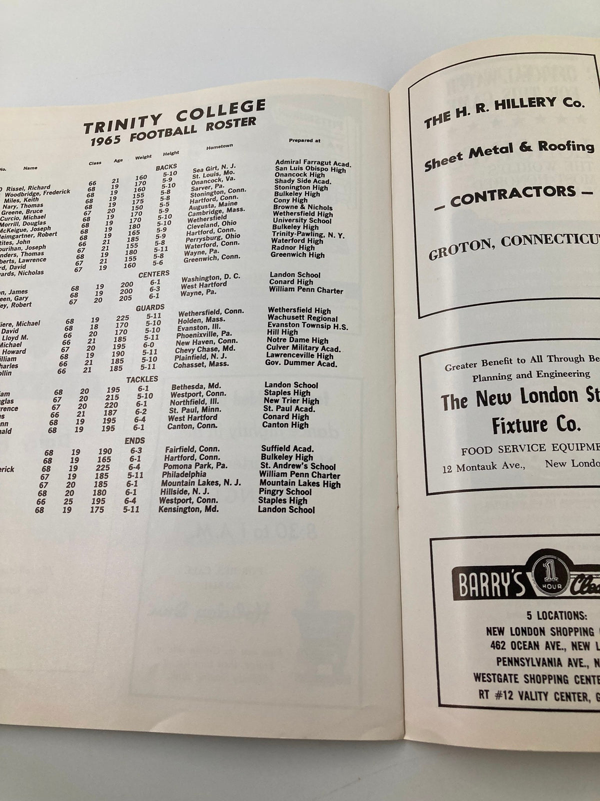 Inside page of the official October 30, 1965 NCAA Football program for Trinity vs U.S.C.G.A., featuring the 1965 football roster of Trinity College.