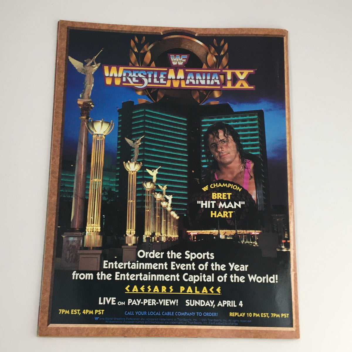 Cover of WWF Wrestling Spotlight Magazine 1993 Vol 19 featuring an advertisement for WrestleMania IX, showcasing Bret 'Hit Man' Hart as the champion with details about the event at Caesars Palace.
