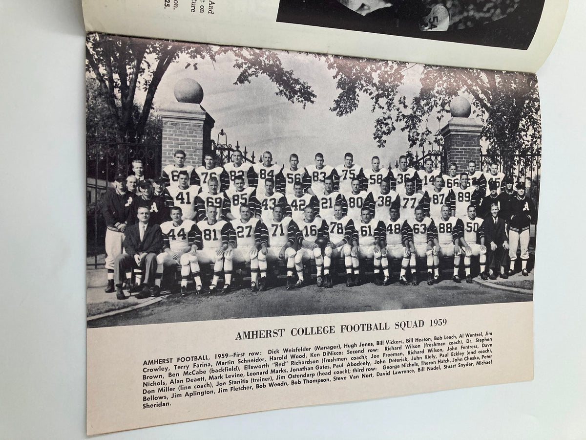 The Amherst College Football Squad photo from the November 5 1959 Trinity vs Amherst High School Football Official Program, showcasing the team lineup.