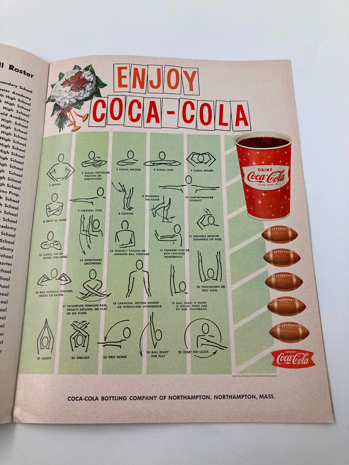 A colorful advertisement page from the November 5 1959 Trinity vs Amherst High School Football Official Program promoting Coca-Cola with playful graphics.