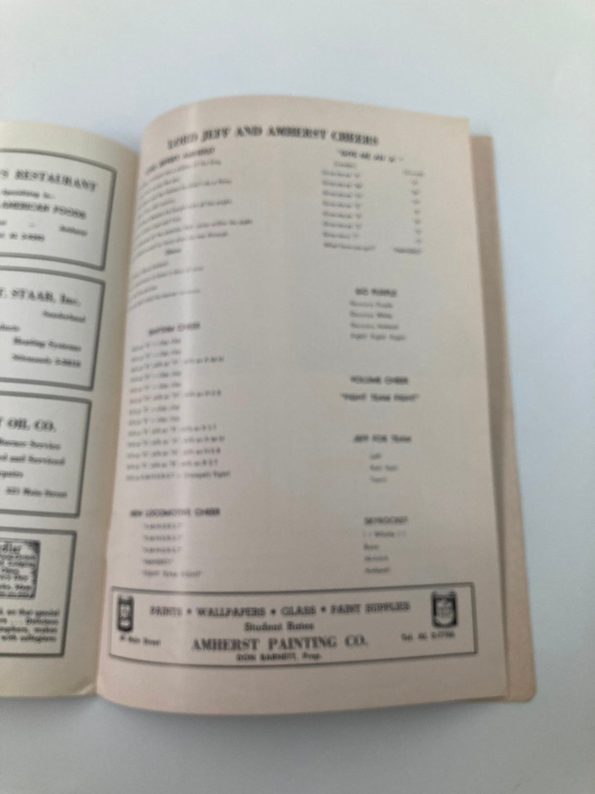 Details in the November 5 1959 Trinity vs Amherst High School Football program showing student groups and advertisements.