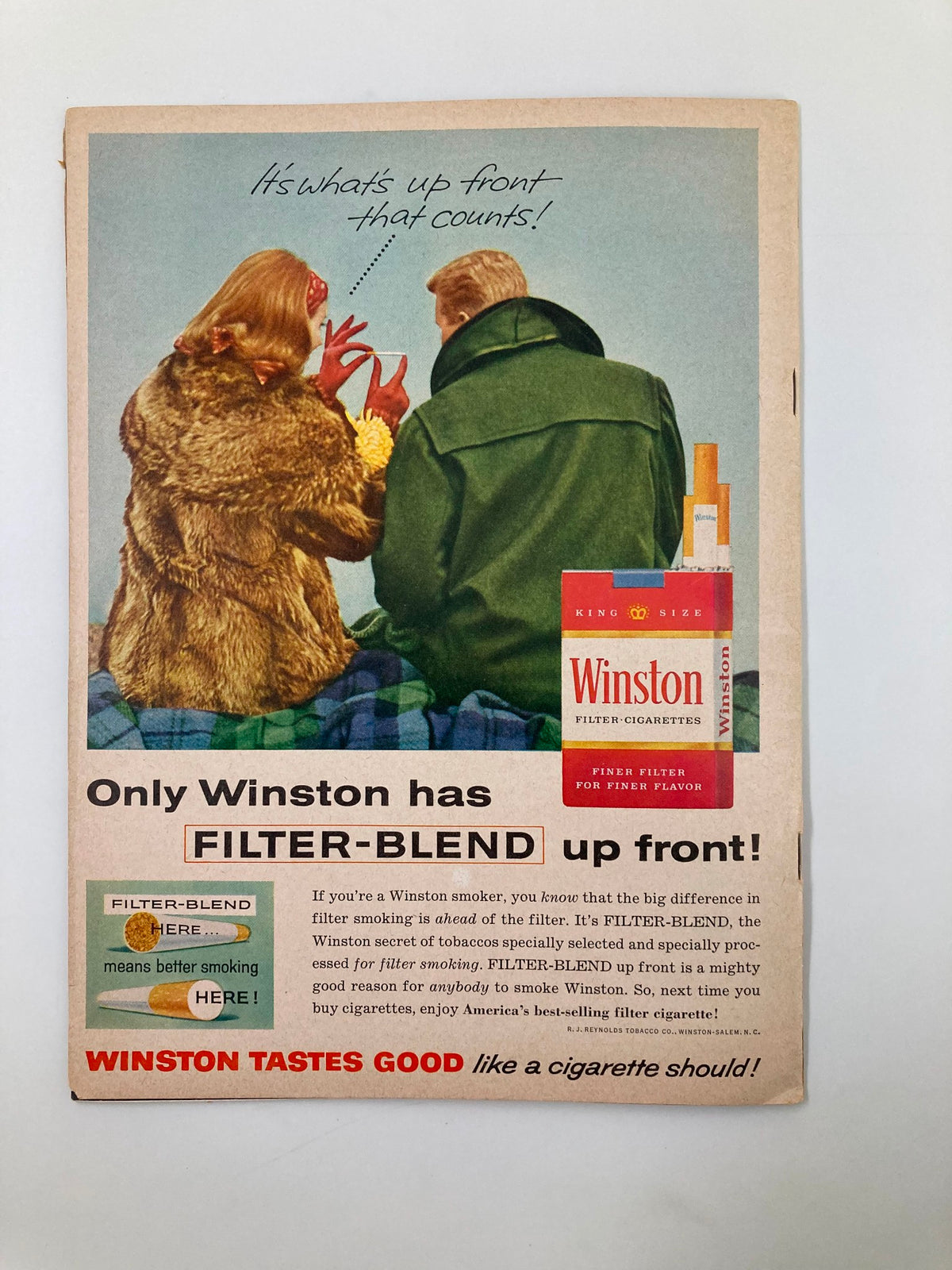 Vintage ad from the November 5 1959 Trinity vs Amherst High School Football program for Winston Filter-Blend cigarettes, highlighting its unique features.
