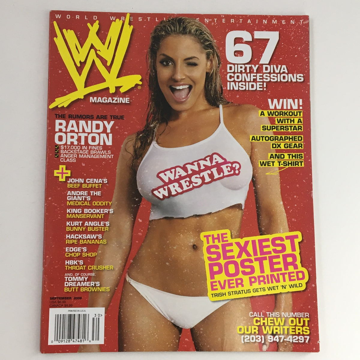 WWE Magazine September 2006 cover featuring Trish Stratus and Randy Orton, highlighting the issue's theme with the text 'Wanna Wrestle?' and promotions for exclusive content.
