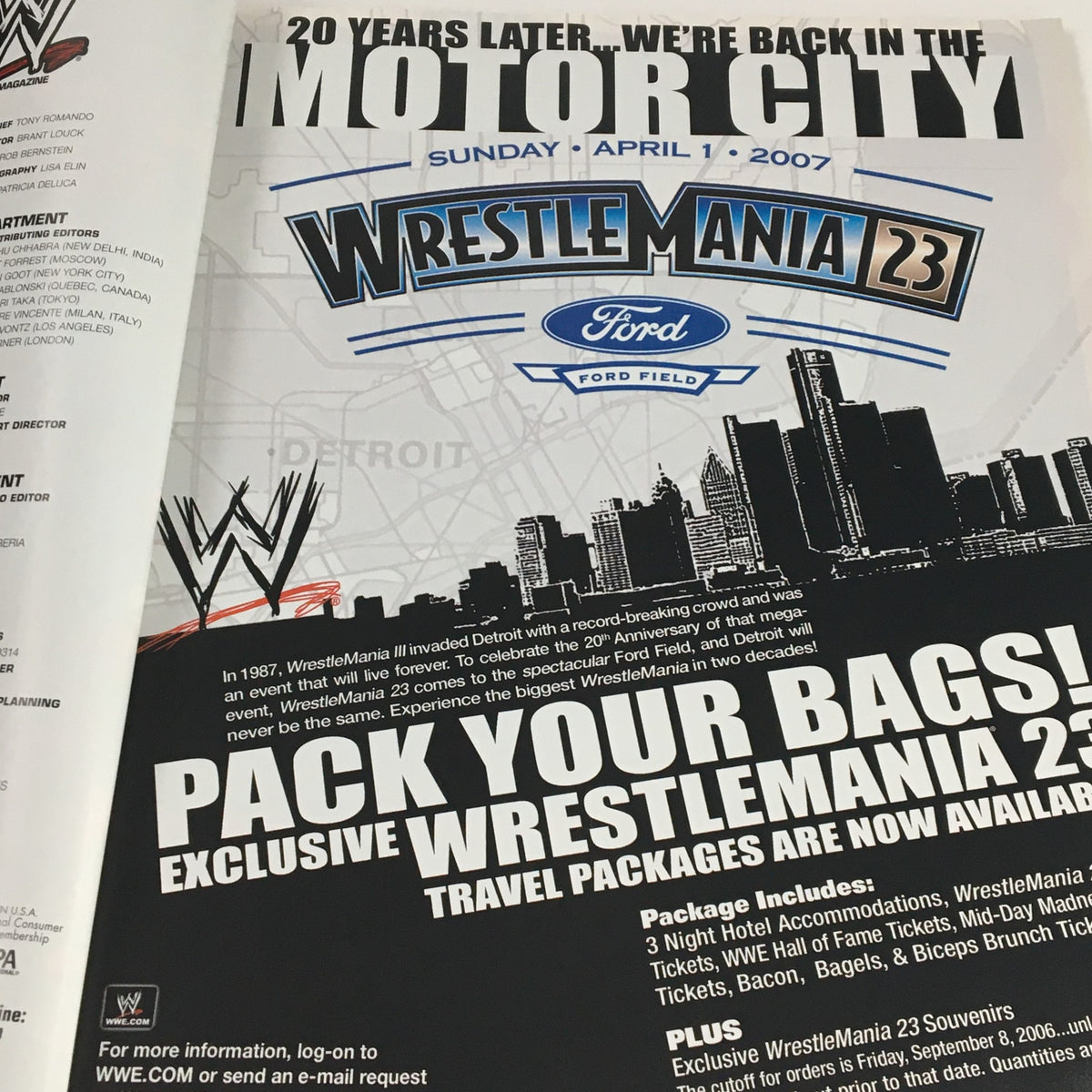 WWE Magazine September 2006 advertisement for WrestleMania 23 featuring Motor City skyline with travel information.