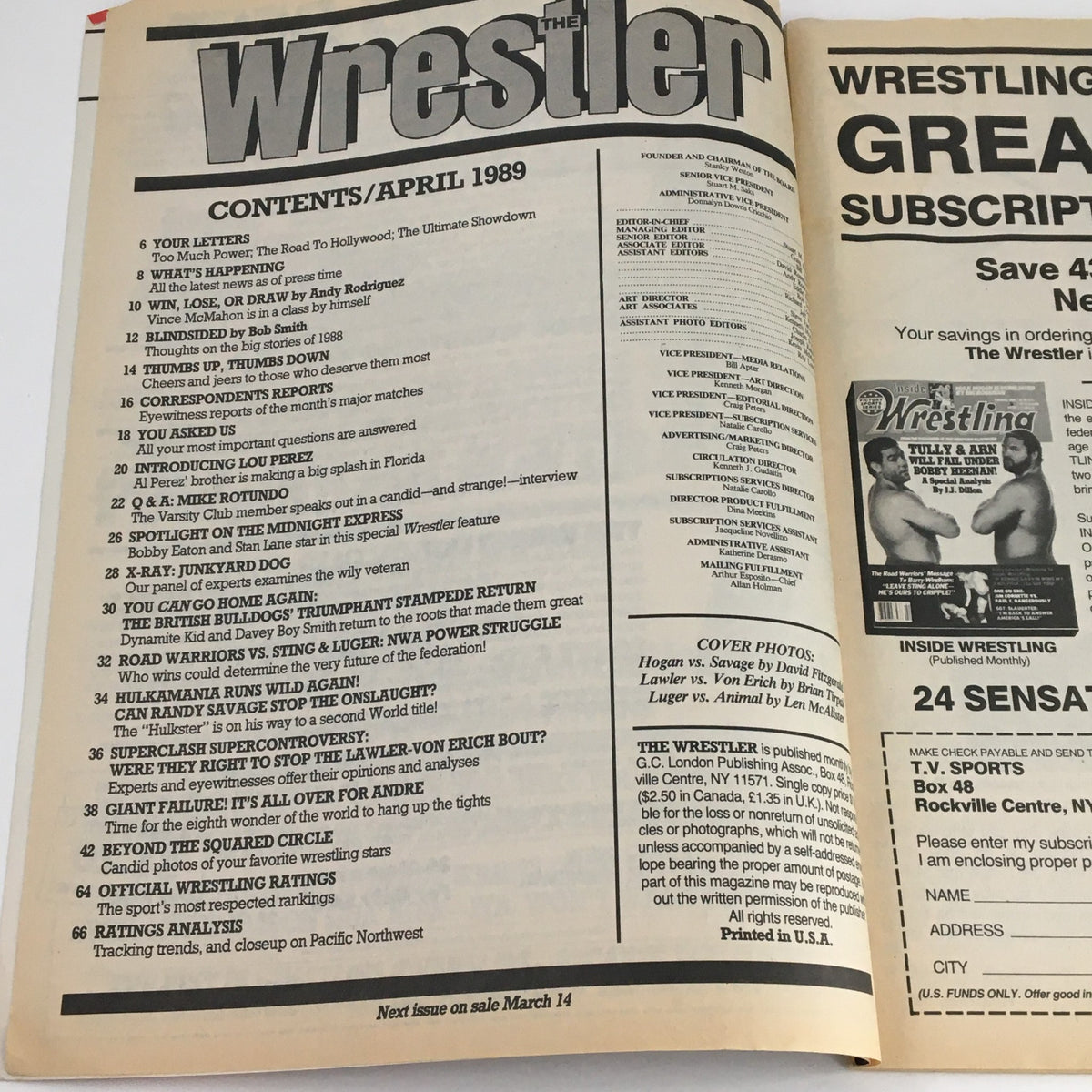 Inside page of The Wrestler Magazine April 1989 showcasing the table of contents and exciting features related to the wrestling world.