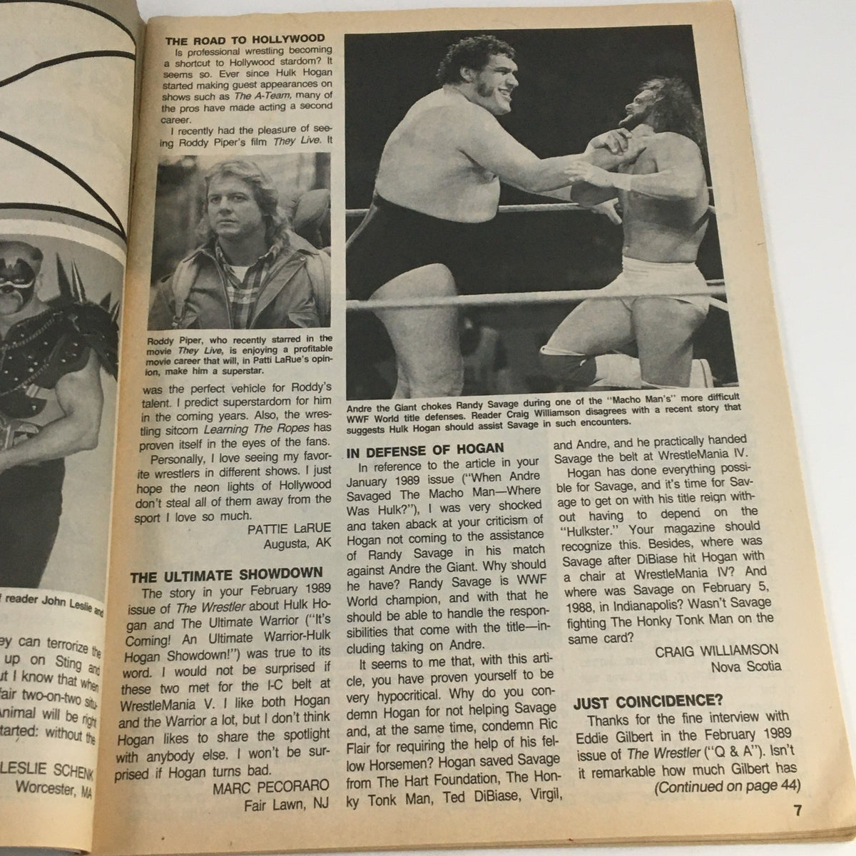 Interior page of The Wrestler Magazine April 1989 showcasing a discussion about wrestling stars including Hulk Hogan and Randy Savage, featuring images of Roddy Piper and wrestling action.