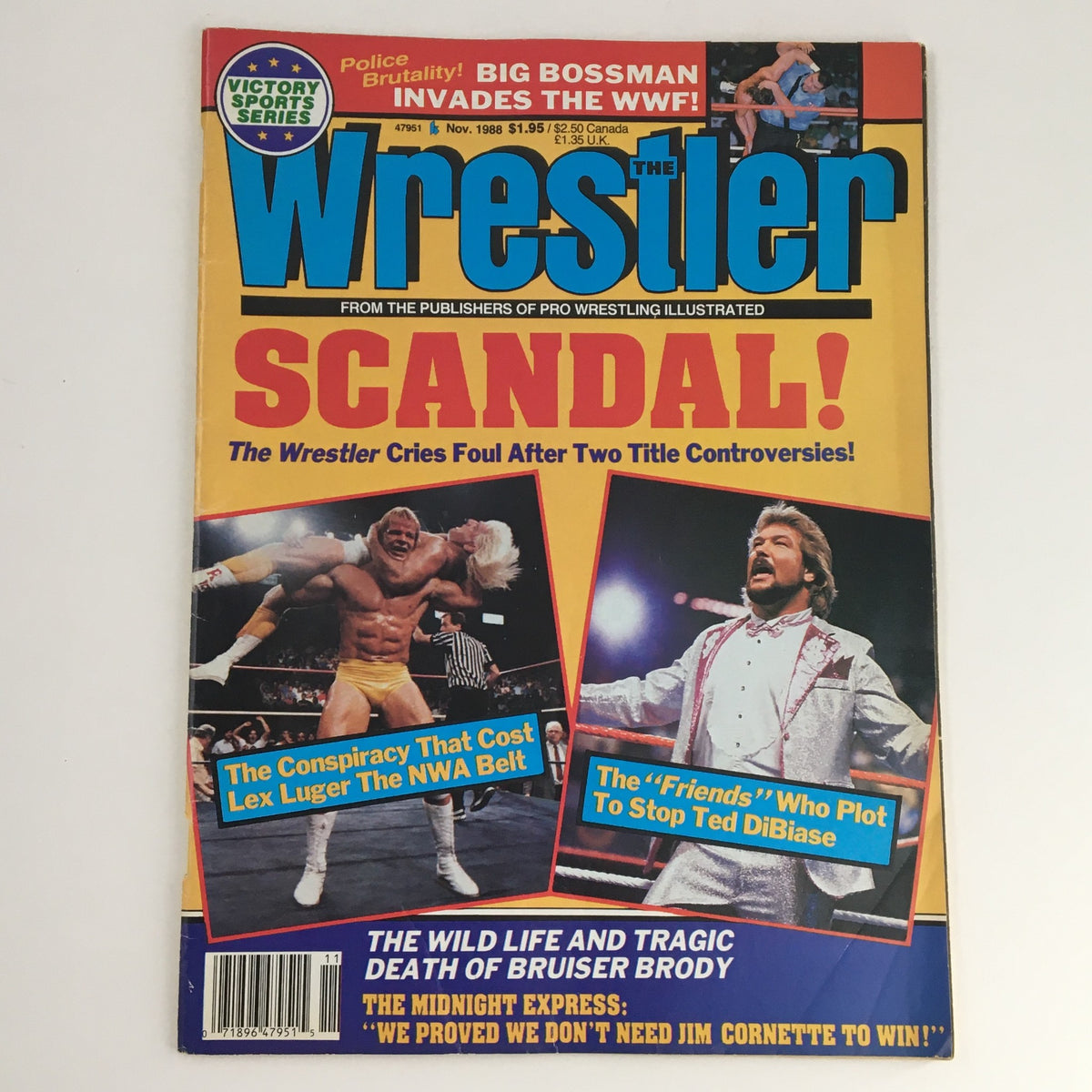 Cover of The Wrestler Magazine, November 1988 featuring Lex Luger and Ted DiBiase with headlines about wrestling controversies.