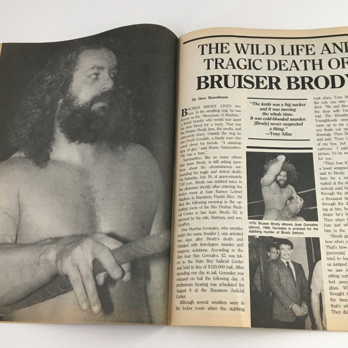 Inside page from The Wrestler Magazine November 1988 featuring an article on Bruiser Brody's life and tragic death, displaying a black and white photo of Bruiser Brody with a wrestling weapon.
