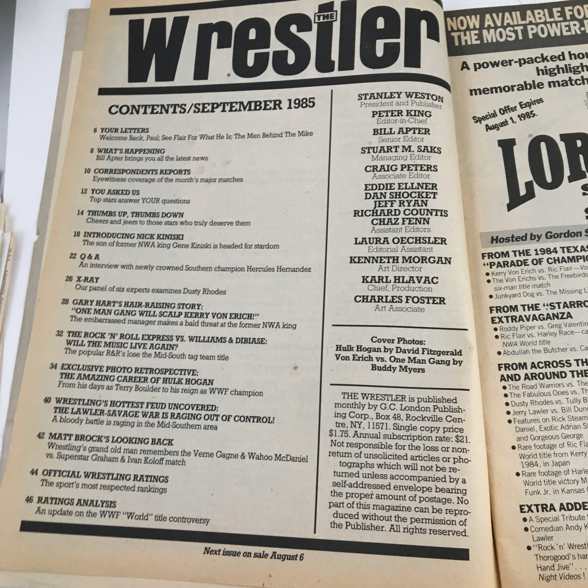 Inside page of The Wrestler Magazine September 1985 showing the table of contents, featuring articles about Hulk Hogan, Gary Hart, and wrestling events from that month.