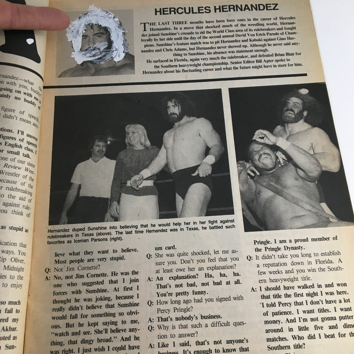 An inside page from The Wrestler Magazine September 1985 focusing on Hercules Hernandez, featuring text on his wrestling career accomplishments and challenges, along with related images.