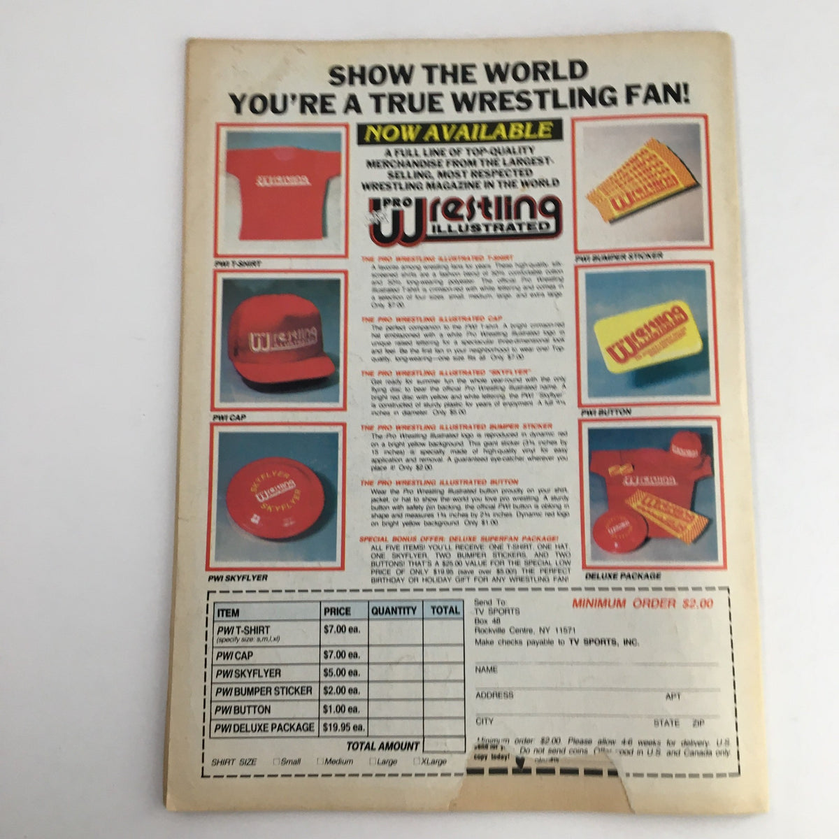 Back cover of The Wrestler Magazine September 1985 featuring merchandise advertisement including Pro Wrestling Illustrated apparel like t-shirts, caps, and buttons, promoting wrestling fan gear.