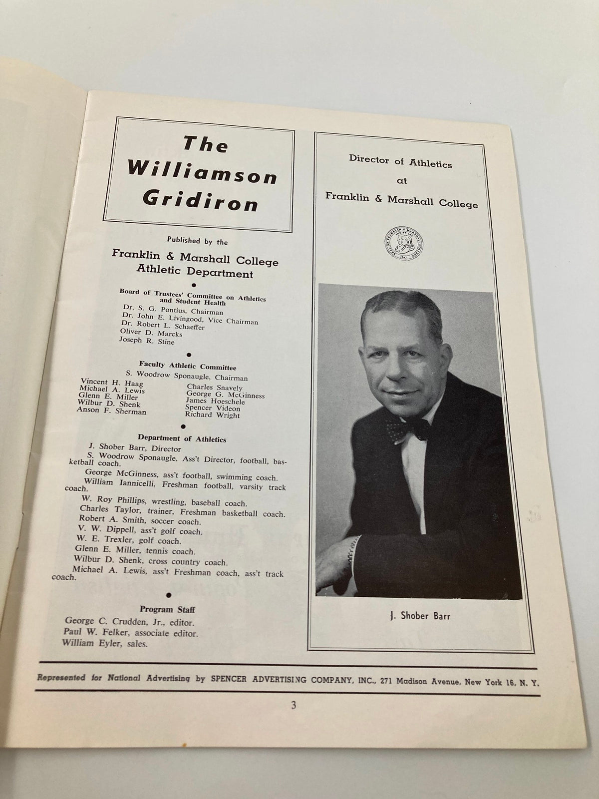 The Williamson Gridiron page featuring an image of J. Shober Barr, Director of Athletics at Franklin & Marshall College, from the November 16 1957 Football Franklin & Marshal Muhlenberg Official Program.