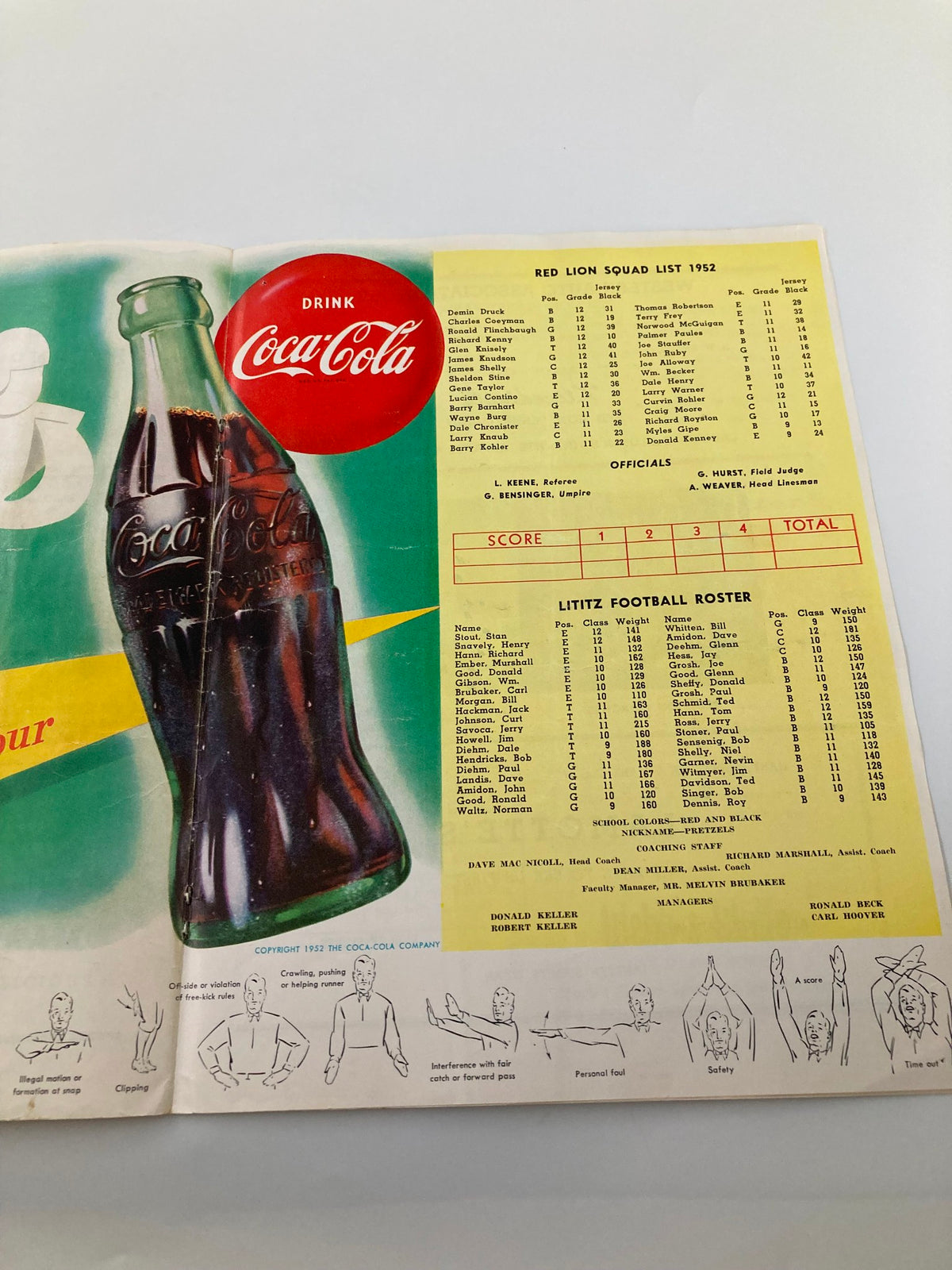 Coca-Cola advertisement and team rosters from the September 13 1952 High School Football program for Red Lion and Lititz.