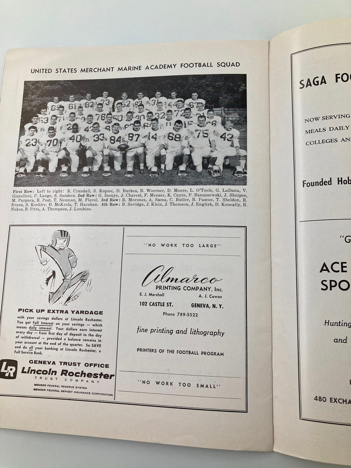 United States Merchant Marine Academy Football Squad photo along with advertising from the November 16 1963 Football Hobart Kings Point Official Program.