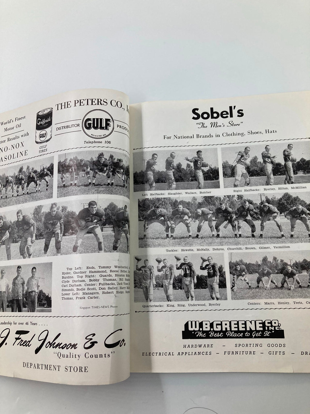 Inside page of the November 7, 1952 Football Program showing advertisements and photos from the Kingsport vs Young High game, highlighting local businesses.