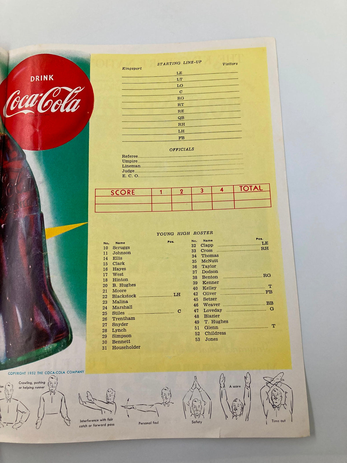 Statistical page from the November 7, 1952 Football Program, featuring the starting lineups and other game details for Kingsport vs Young High.