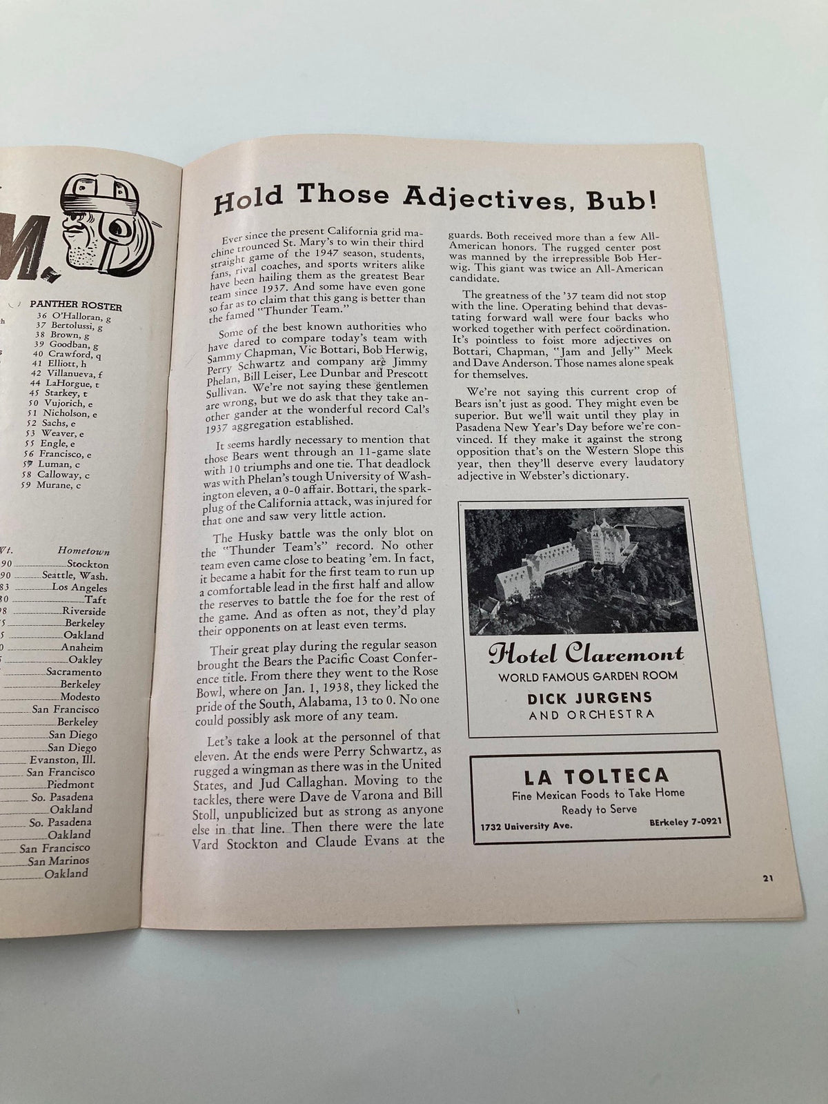 Inside page of the October 18 1947 Football Washington St vs California Gridiron Program featuring an article about California's football team and an advertisement for a local hotel.