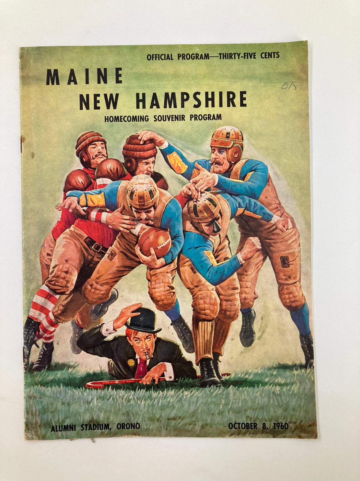 Cover of the October 8 1960 Football Maine New Hampshire Homecoming Souvenir Official Program featuring an illustration of players in action at Alumni Stadium.