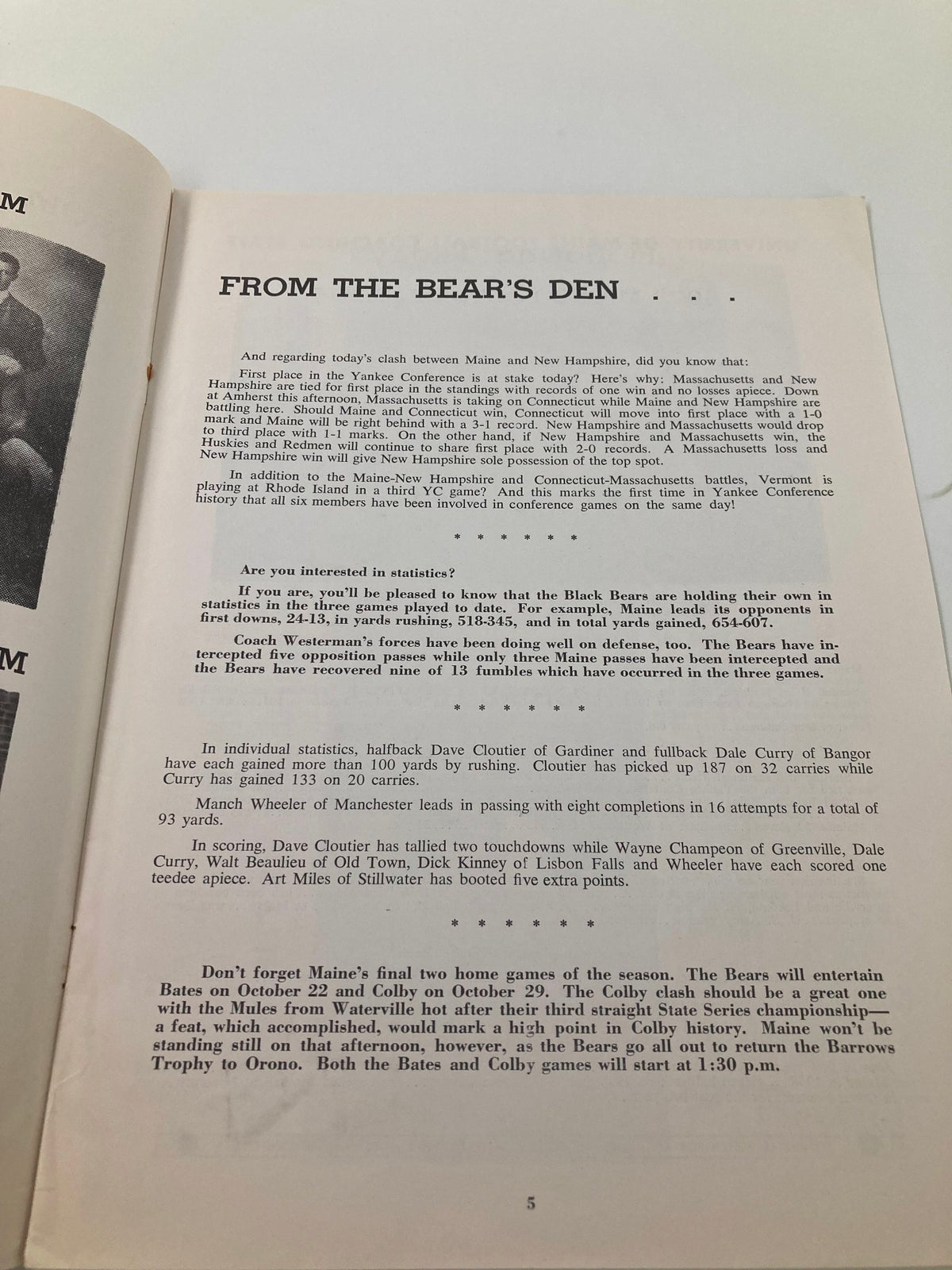 Inside page from the October 8 1960 Football Maine New Hampshire Homecoming Souvenir Official Program with information from 'The Bear's Den' about the teams and players.