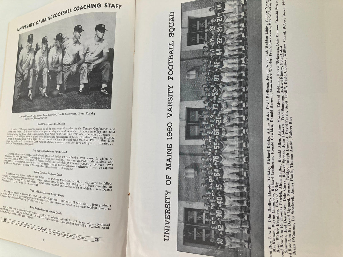 Inside page of the October 8 1960 Football Maine New Hampshire Homecoming Souvenir Official Program showcasing the University of Maine coaching staff and 1960 varsity football squad.