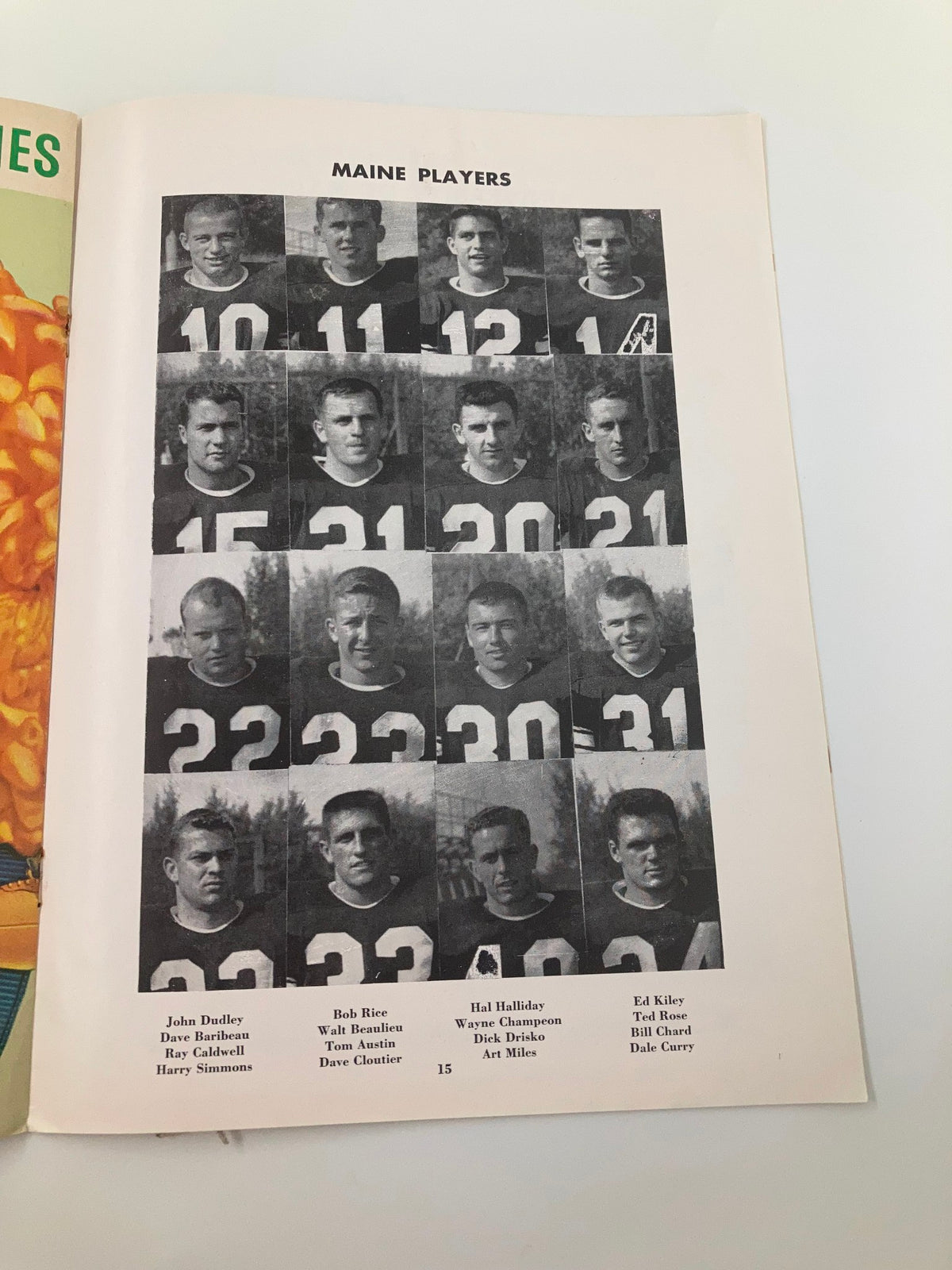 Portraits of Maine football players listed in the October 8 1960 Football Maine New Hampshire Homecoming Souvenir Official Program, featuring player numbers and names.
