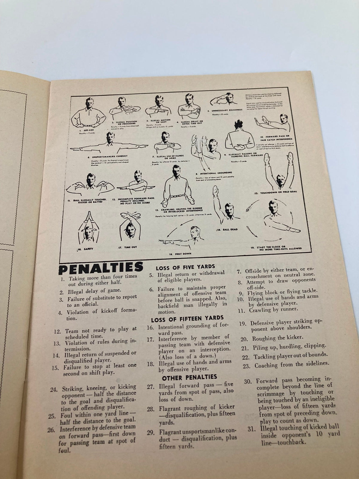 Penalties page from the November 15, 1947 Dad's Day Football Program featuring illustrations and explanations of football penalties.