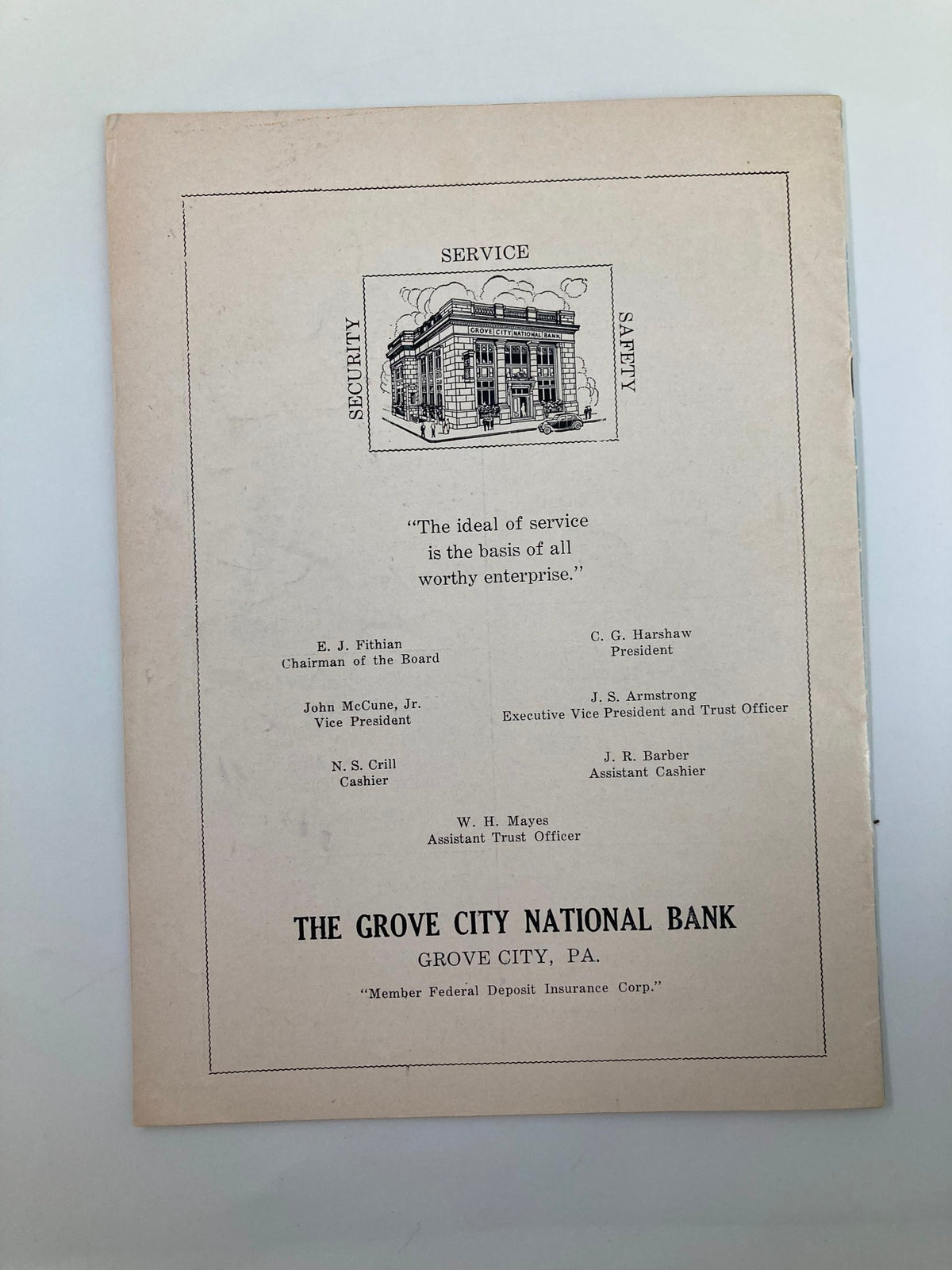 Back cover of the November 15, 1947 Dad's Day Football Program featuring an advertisement for The Grove City National Bank.