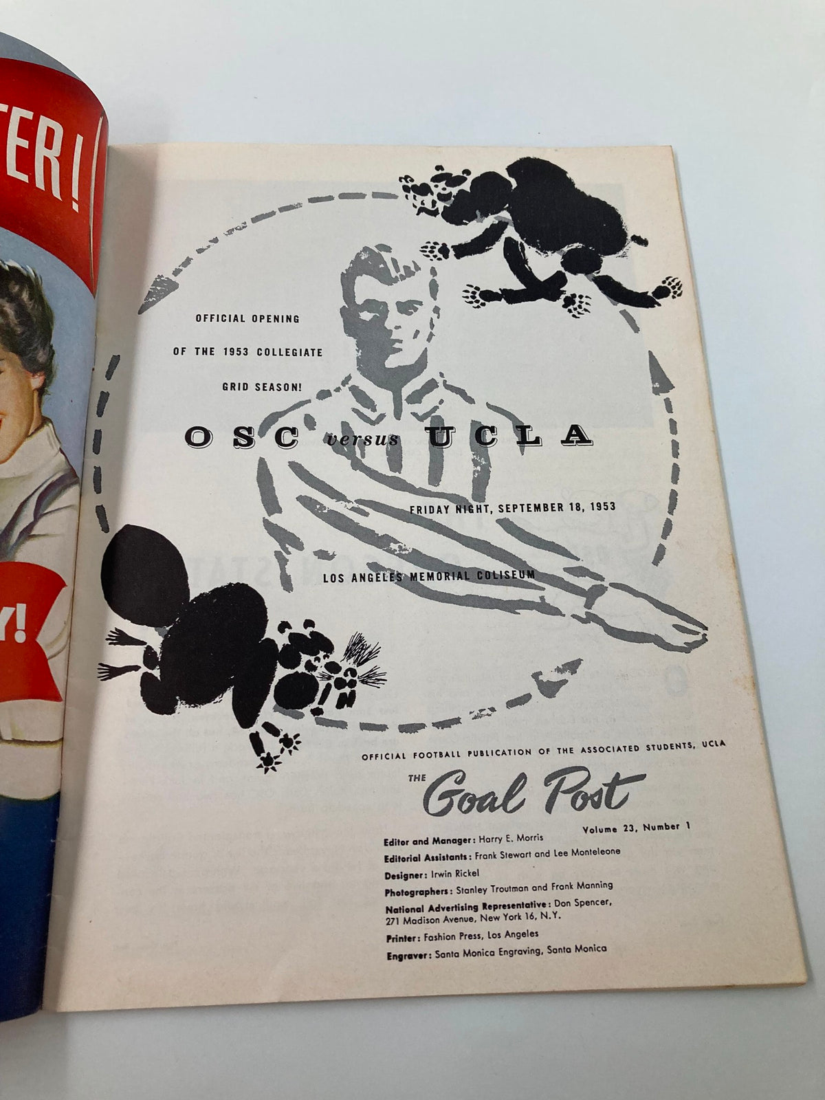 Inside page of the September 18, 1953 NCAA Football program announcing the OSC vs UCLA Bruins game, including details about the opening of the grid season.