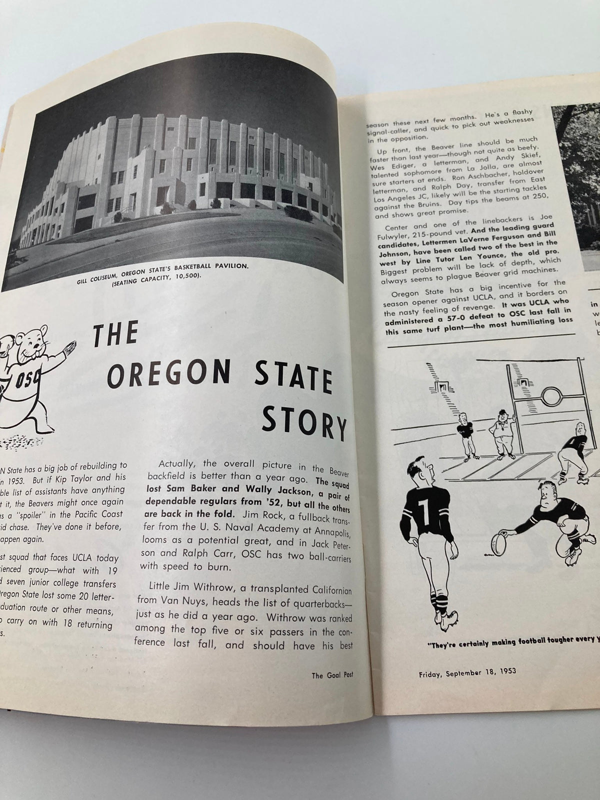 Another page of the September 18, 1953 NCAA Football program with information about OSC, featuring illustrations related to college football at the Los Angeles Memorial Coliseum.